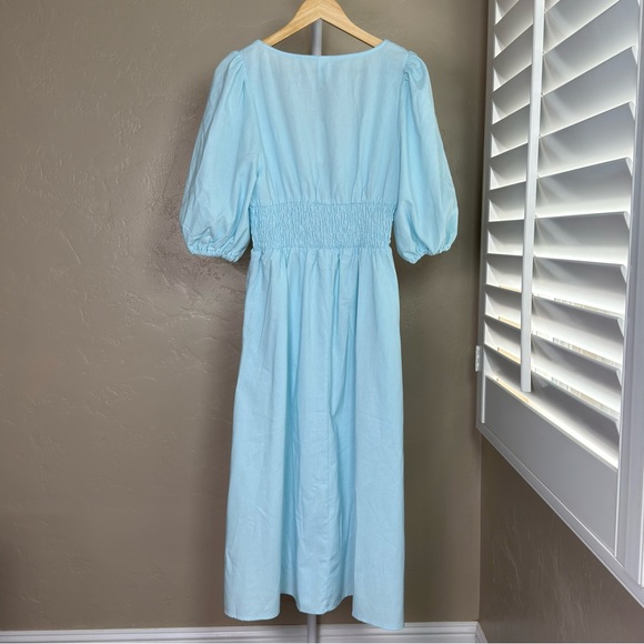 Commense Blue Linen Cotton Tie Front Midi Dress Medium Puff Sleeve NWT - Picture 6 of 10